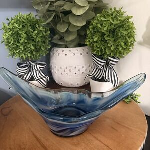 Vintage Murano Glass Bowl Centerpiece – Hand Blown– Cobalt Blue Art Glass Swirl